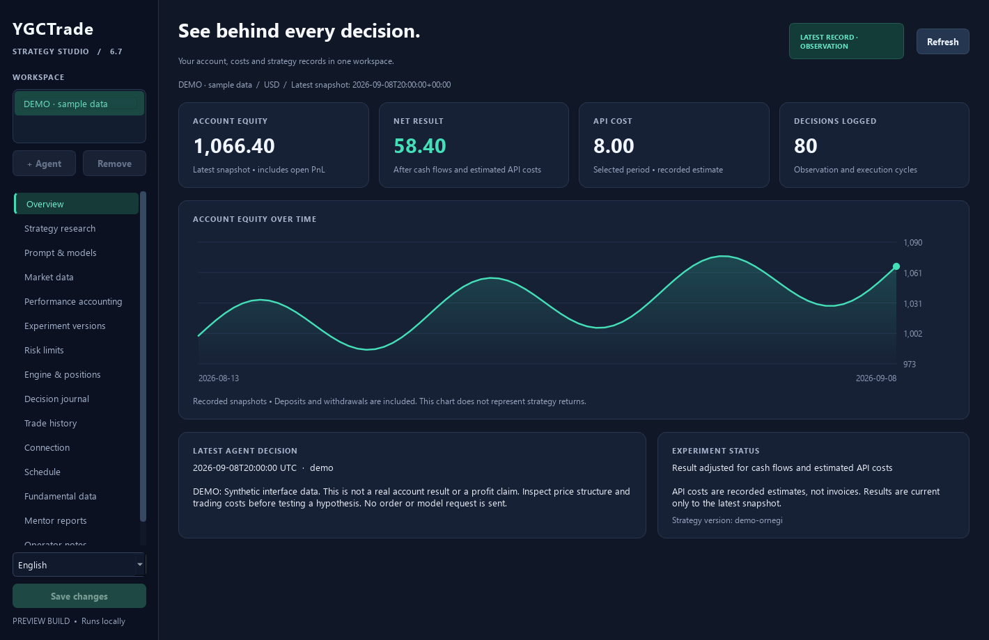 YGCTrade desktop workspace with synthetic demo data